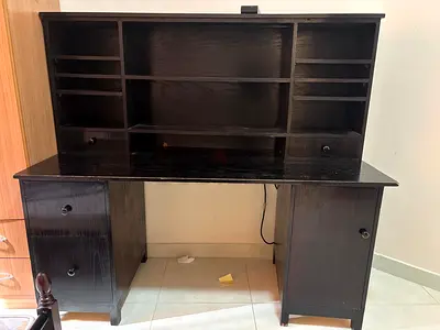 Dark Wood Desk with Hutch and Multiple Shelves - Good Condition