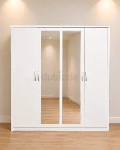 Modern White 4-Door Wardrobe with Dual Mirrors