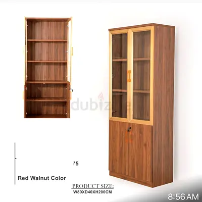 Tall Red Walnut Storage Cabinet with Glass Display Doors - 80x40x200 cm