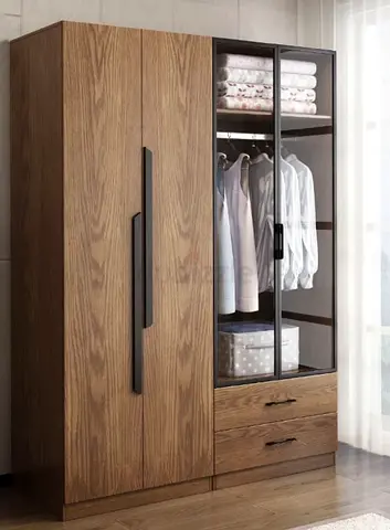 Solid Wood 3-Door Wardrobe with Glass Display and Drawers