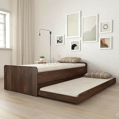Solid Wood Trundle Single Bed with Pull-Out Guest Bed - Dark Walnut