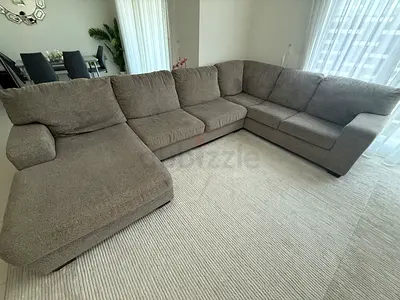 Large L-shaped Grey Fabric Corner Sofa - Comfortable Family Size