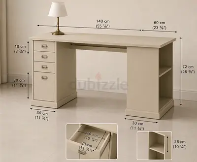 Cream Wooden Study Desk with Drawers and Open Shelves (140cm) /