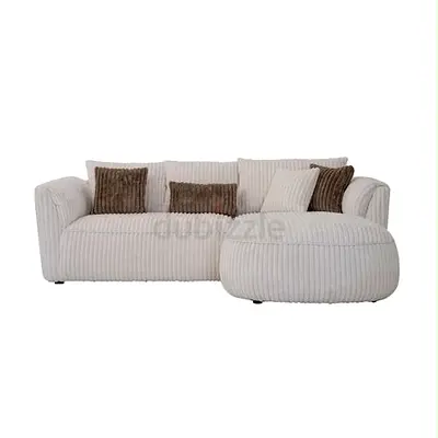 Beige Soft Corduroy style L-shaped Sofa with Ottoman - Comfortable 3-Seater