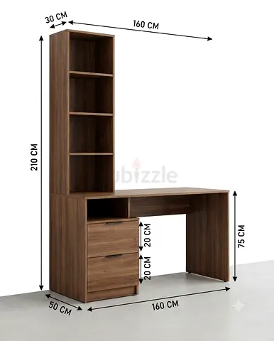 L-shaped Study Desk with Tall Bookshelf and 2-Drawer Cabinet - Walnut Finish