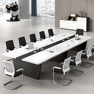 Modern Large Conference Table with Built-in Cable Management - White/Black