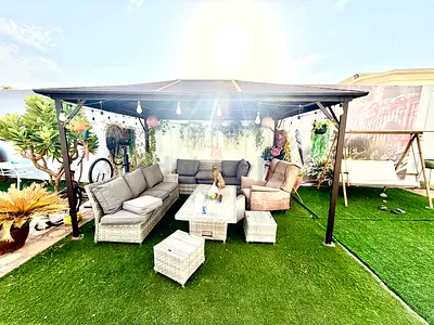Outdoor Garden Sofa Set with Pergola Canopy — 7-Piece Rattan Seating