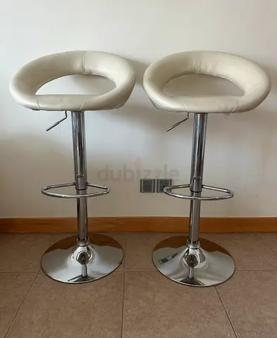 Set of 2 adjustable modern beige leather bar stools with chrome base