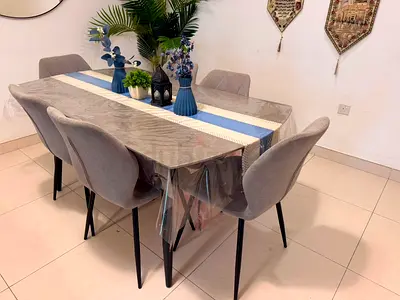 Modern 6-Seater Dining Table with Chairs - Grey Fabric
