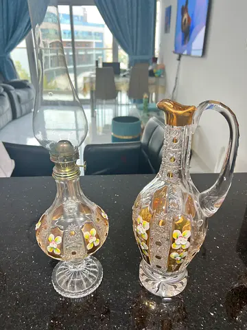 Vintage Hand-Painted Cut luxory Crystals Ewer and Decanter Set with Floral Enamel