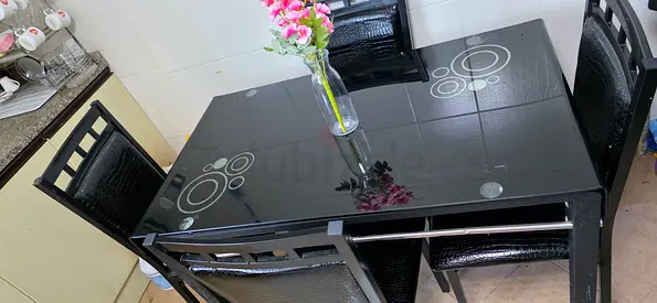 Glass Top Dining Table with 4 Chairs — Black, Compact Set