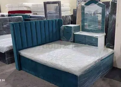 King-size upholstered bed with mattress and dresser set - teal velvet