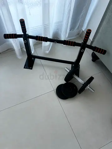 Wall-mounted multi-grip pull-up bar with dumbbell and weight plates