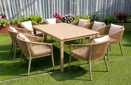 8-seater outdoor dining set with rope chairs and rectangular table