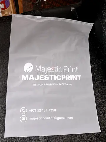 Clear printed poly mailer bags from Majestic Print — pack of used/stock