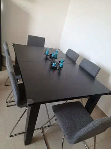 Dark Wood Dining Table with 6 Grey Upholstered Chairs - Good Condition