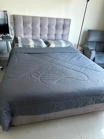 Queen size upholstered bed with headboard, Mattress — light Beige, good condition