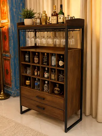 West elm Wooded Bar Cabinet with Wine Rack Storage Drawers 75x35 height 125 cm