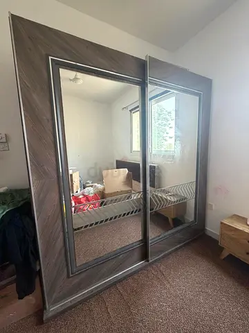 Large Mirrored Sliding Wardrobe - Wood Finish
