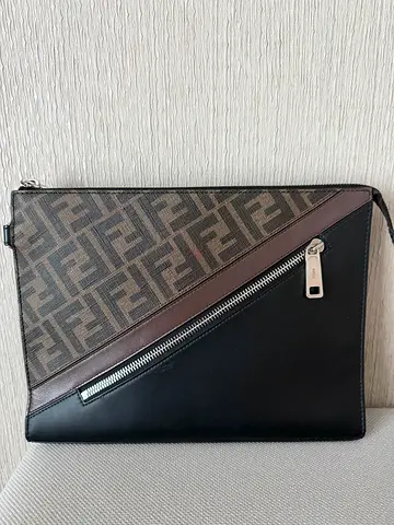 Fendi Zucca Pattern Leather & Canvas Zip Clutch/Document Holder