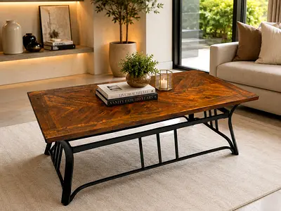 Wood and Black Metal Coffee Table