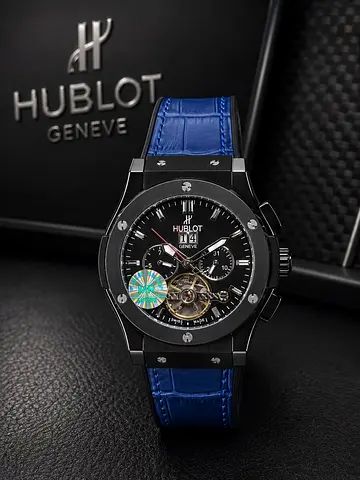 Hublot automatic men's watch with blue leather strap (tourbillon style)