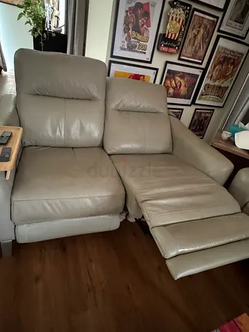 Light grey 2 seater leather recliner sofa set (3 pieces - good condition
