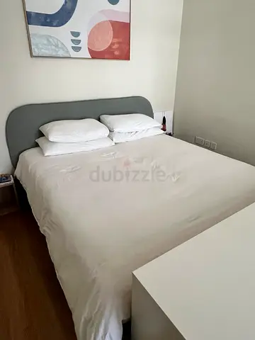 IKEA Green kind size bed frame, night table and malm chest of drawers