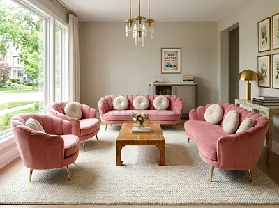 Pink Velvet 3-Seater Sofa with Matching Curved Armchairs - Good Condition