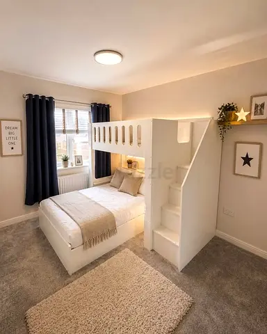 White children's loft bunk bed with staircase