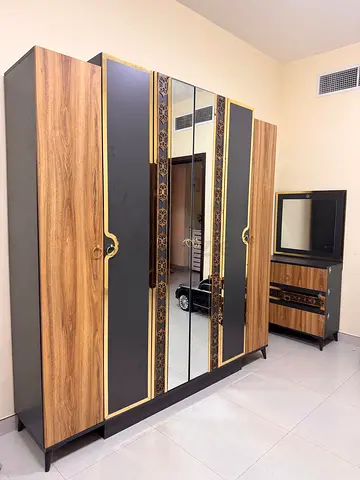 Modern Six Door Wardrobe with Grey and Wood Finish and Mackup Table