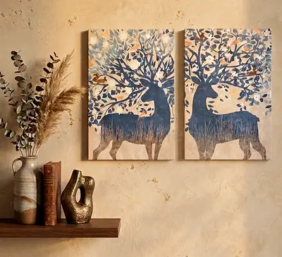 Set of 2 Deer Silhouette Canvas Wall Art - Neutral Blue-Beige