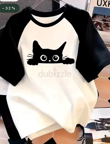 Black & White Cat Graphic Raglan T-Shirt - Unisex Casual Tee