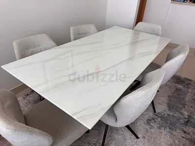 Marble-look Dining Table with 6 Upholstered Chairs - Excellent Condition