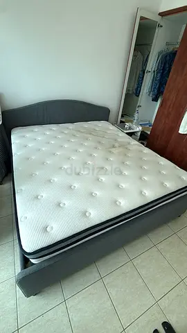 King fabric bed frame with mattress - good condition