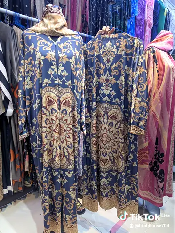 Blue and Gold Floral Abaya / Maxi Dress with Hijab - Size Small to XXL
