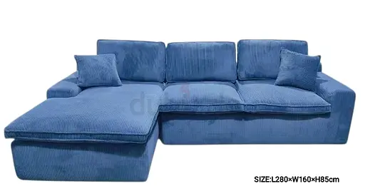 Blue L-shaped Corduroy Sofa with Chaise - 3 Seater, Good Condition