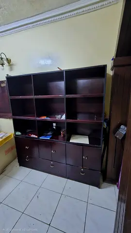 Large Dark Wood Storage Shelving Unit with Drawers