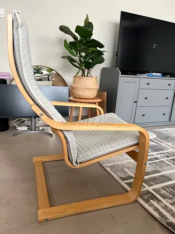 Lightwood lounge chair with grey cushion - good condition