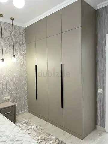 Modern Taupe Fitted Wardrobe with Long Black Handles
