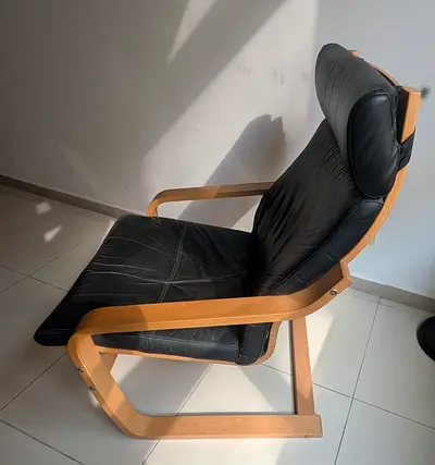 IKEA Used black leather lounge chair with wooden frame (good condition)