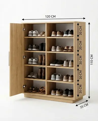Oak Finish 12-Shelf Shoe Cabinet - 120x110x35 cm