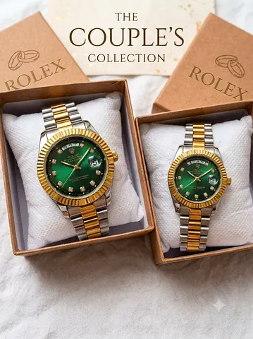 Couple's Rolex-style Two-Tone Green Dial Watch Set (His & Hers)