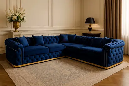 Large Navy Blue Velvet Chesterfield L-Shaped Sofa - Brand New