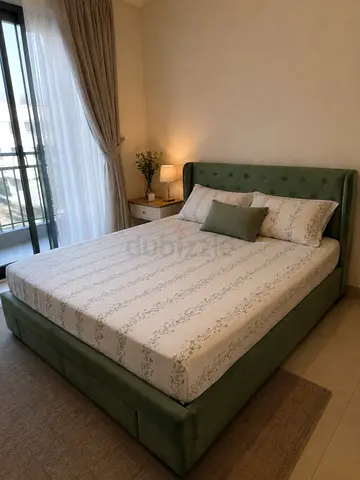 Aesthetic velvet green upholstered queen bed with storage, tufted headboard - excellent condition