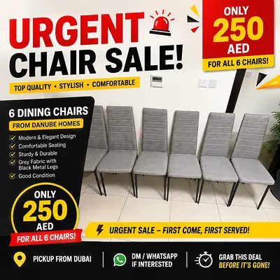 Set of 6 Grey Fabric Dining Chairs with Metal Legs - Urgent Sale