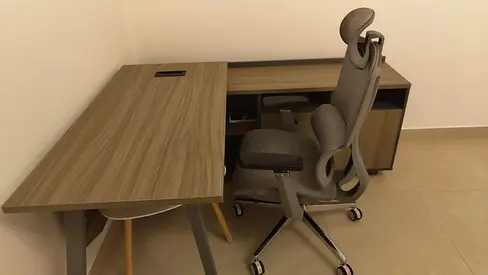 L-shaped wooden office desk