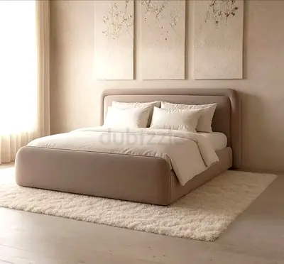 Fabric Upholstered Double Bed with Rounded Headboard (Beige)