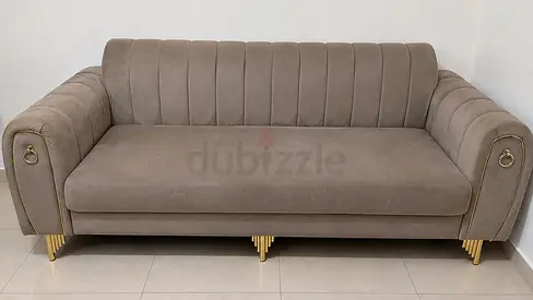 Elegant Taupe Sofa & Armchair Set – Gold Details