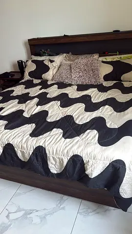 Queen bed with headboard and mattress and pedestal - dark wood frame